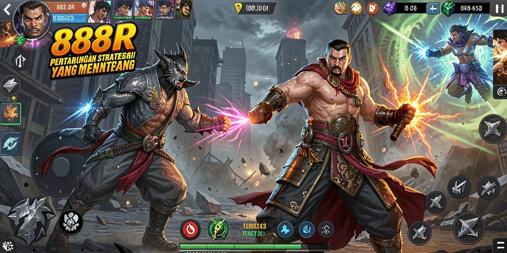 Tangkapan layar gameplay 888R menampilkan strategi pertempuran yang intens.