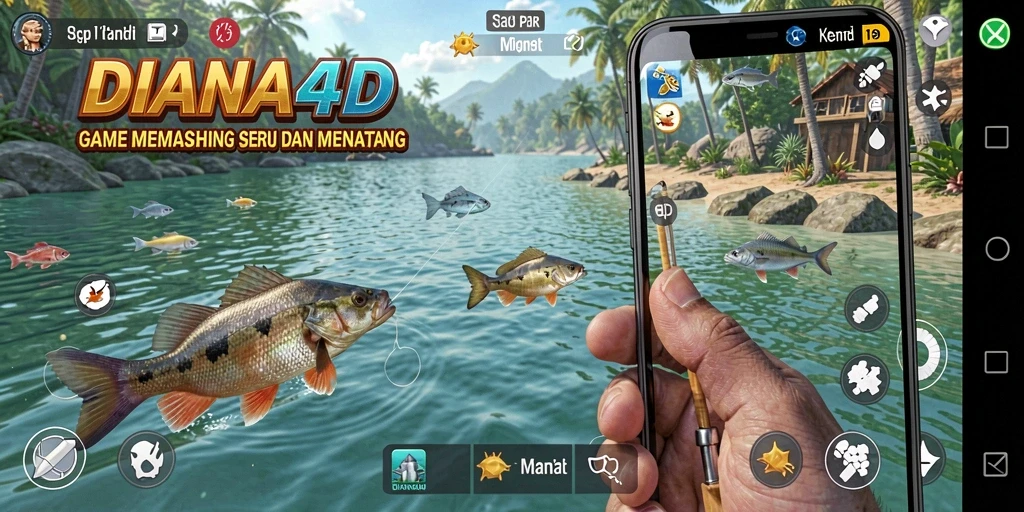 Tangkapan layar gameplay DIANA4D menunjukkan aksi memancing yang seru dan mengasyikkan.