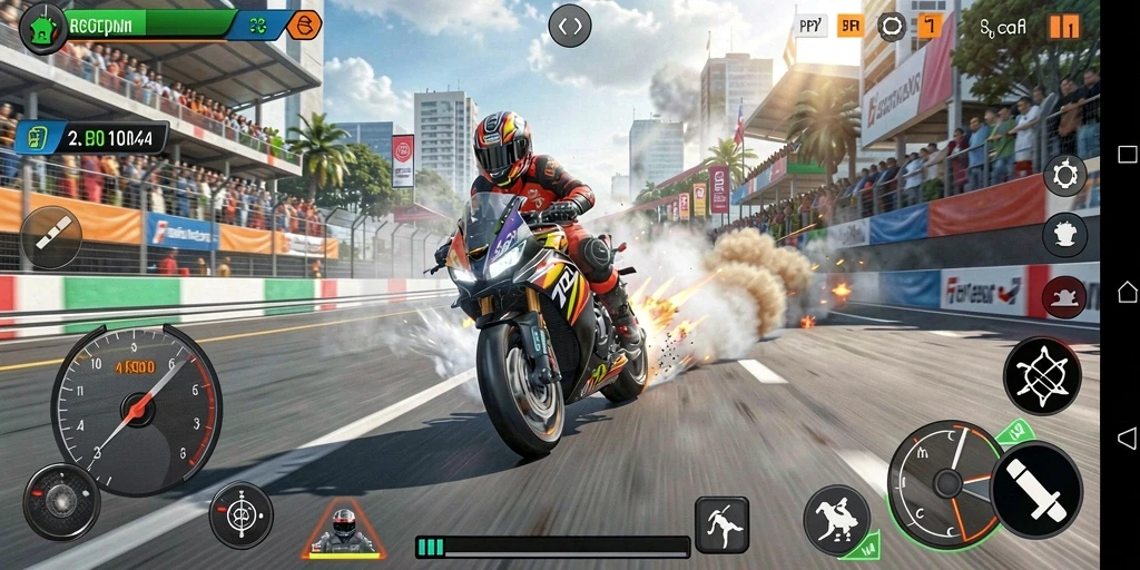 Tangkapan layar PP7 menampilkan aksi balapan motor yang mendebarkan.