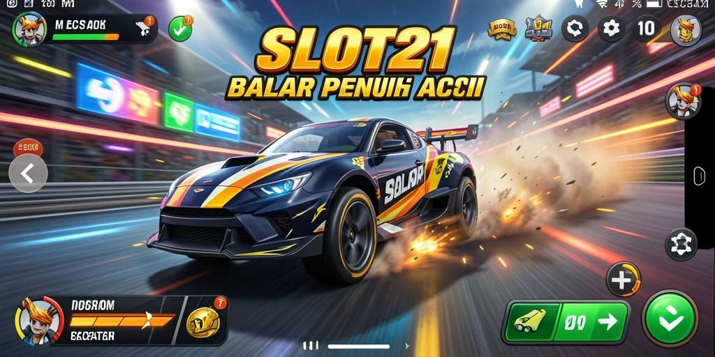 Gameplay SLOT21 menampilkan balapan mobil yang seru dan menegangkan di trek yang indah.