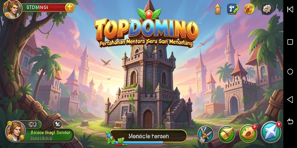 Tampilan gameplay TOPDOMINO dengan menara defensif yang strategis.